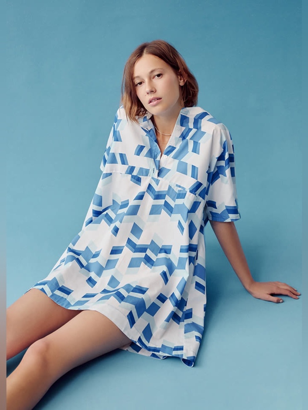 Peter Som x Anthropologie Cressida Tunic Dress Blue Geometric Cotton Shift Large